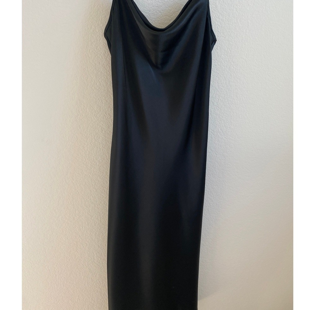 Black Satin Cowl Neck Midi Slip Dress with Adjustable Straps